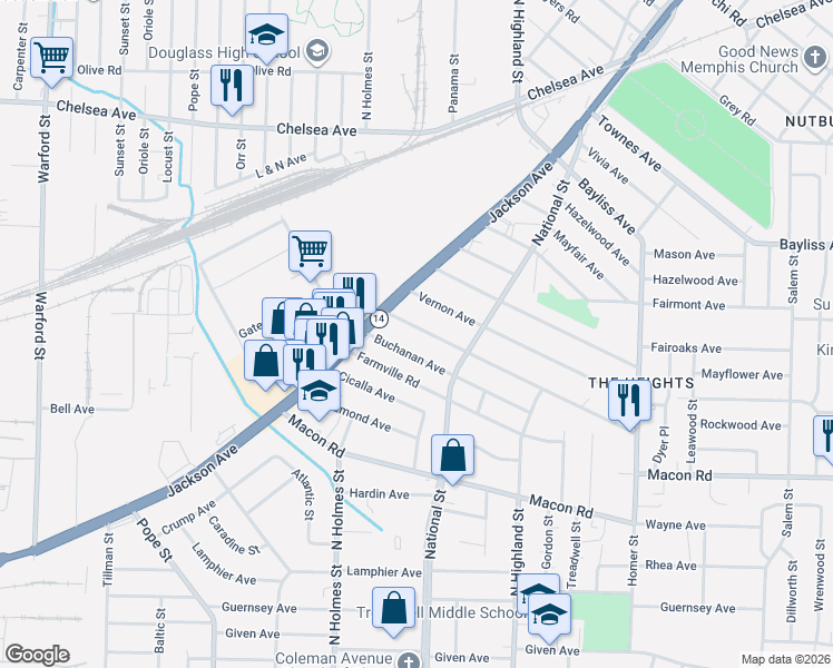 map of restaurants, bars, coffee shops, grocery stores, and more near 3393 Vernon Avenue in Memphis