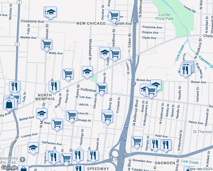 map of restaurants, bars, coffee shops, grocery stores, and more near 1010 Kney Street in Memphis
