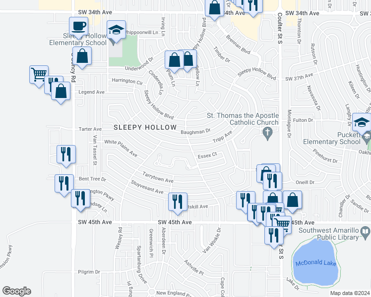 map of restaurants, bars, coffee shops, grocery stores, and more near 7603 Tripp Avenue in Amarillo