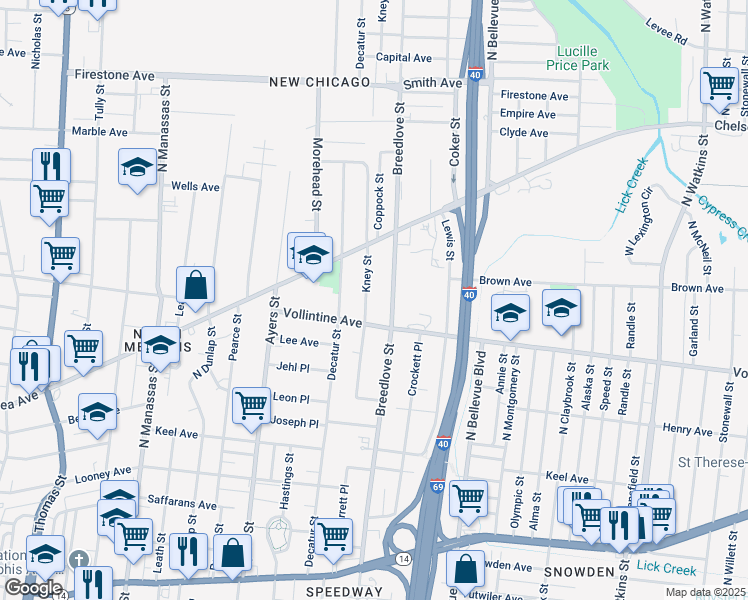 map of restaurants, bars, coffee shops, grocery stores, and more near 1010 Kney Street in Memphis