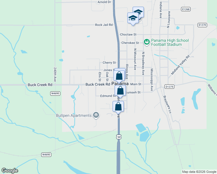 map of restaurants, bars, coffee shops, grocery stores, and more near 114 Buck Creek Road in Bokoshe
