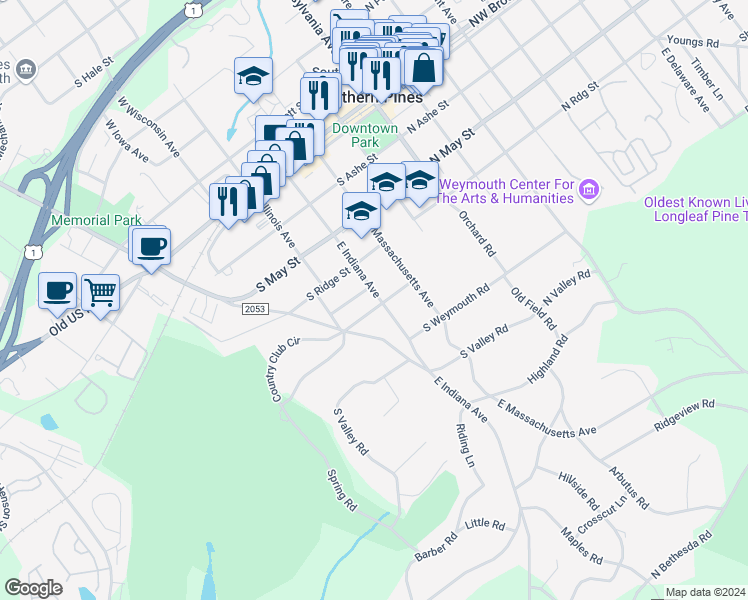 map of restaurants, bars, coffee shops, grocery stores, and more near 490 East Indiana Avenue in Southern Pines