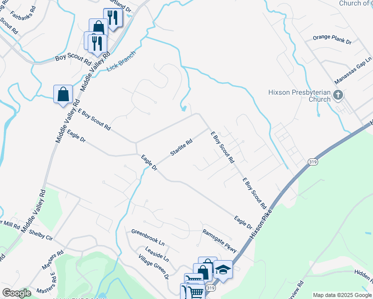 map of restaurants, bars, coffee shops, grocery stores, and more near 6920 Starlite Road in Chattanooga
