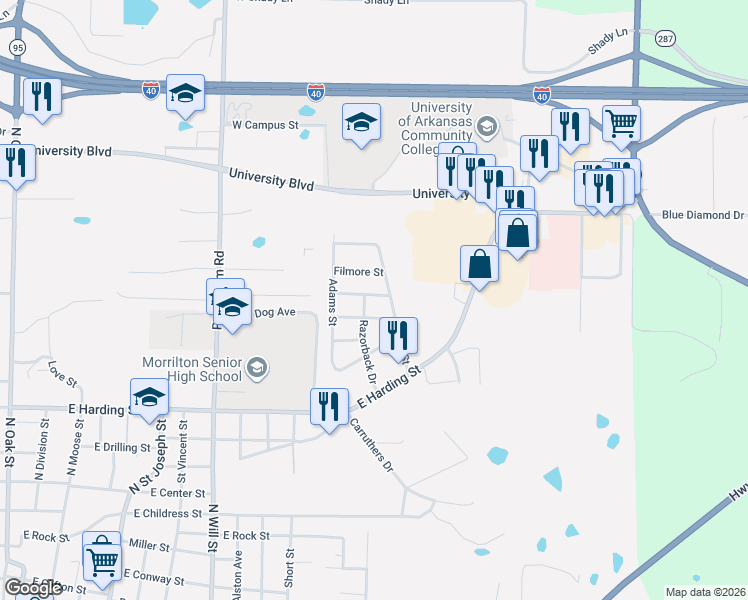 map of restaurants, bars, coffee shops, grocery stores, and more near 303 Wilson Street in Morrilton