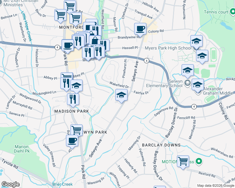 map of restaurants, bars, coffee shops, grocery stores, and more near 219 Wakefield Drive in Charlotte