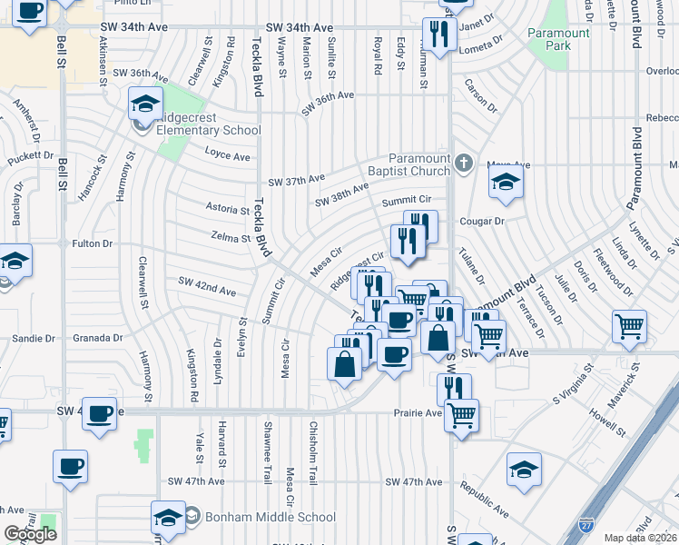 map of restaurants, bars, coffee shops, grocery stores, and more near 4319 Mesa Circle in Amarillo