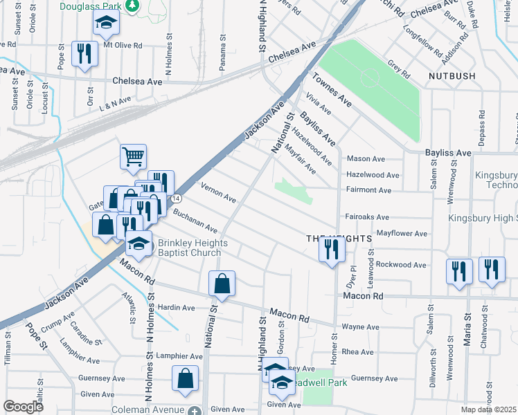map of restaurants, bars, coffee shops, grocery stores, and more near 3481 Mayflower Avenue in Memphis