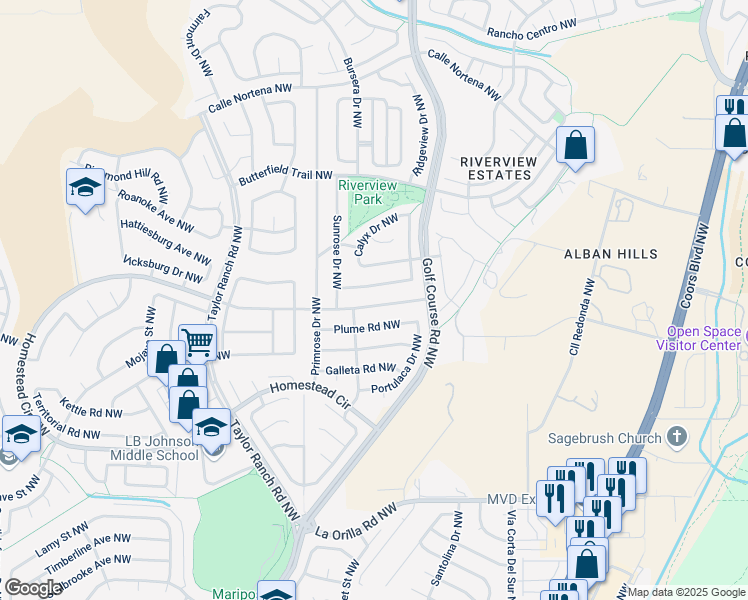 map of restaurants, bars, coffee shops, grocery stores, and more near 4617 Homestead Trail Northwest in Albuquerque