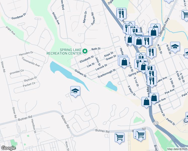 map of restaurants, bars, coffee shops, grocery stores, and more near 207 Rupe Street in Spring Lake