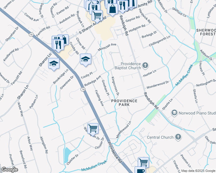 map of restaurants, bars, coffee shops, grocery stores, and more near 3327 Gresham Place in Charlotte