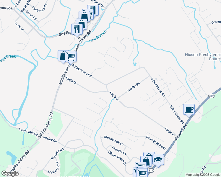 map of restaurants, bars, coffee shops, grocery stores, and more near 1631 Eagle Drive in Chattanooga