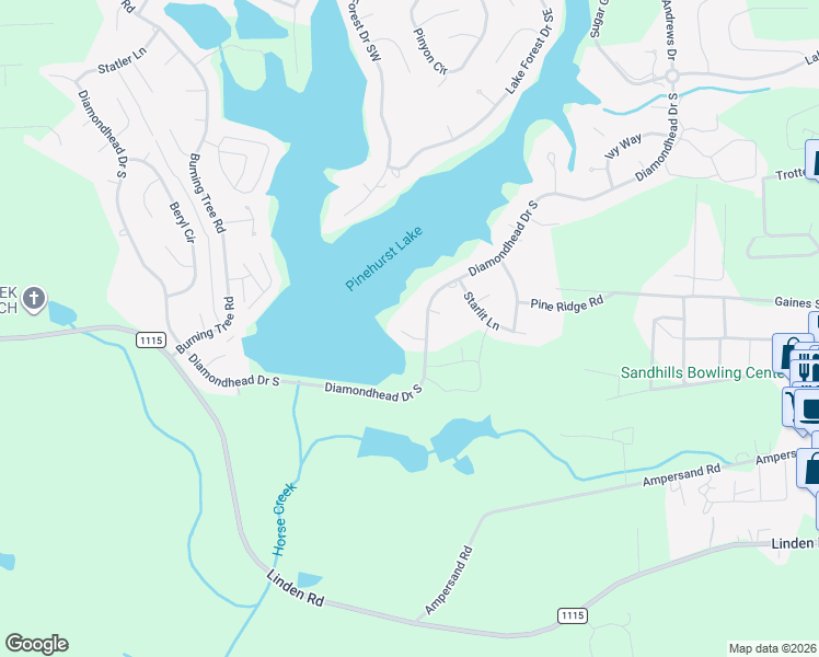 map of restaurants, bars, coffee shops, grocery stores, and more near 639 Diamondhead Drive South in Pinehurst