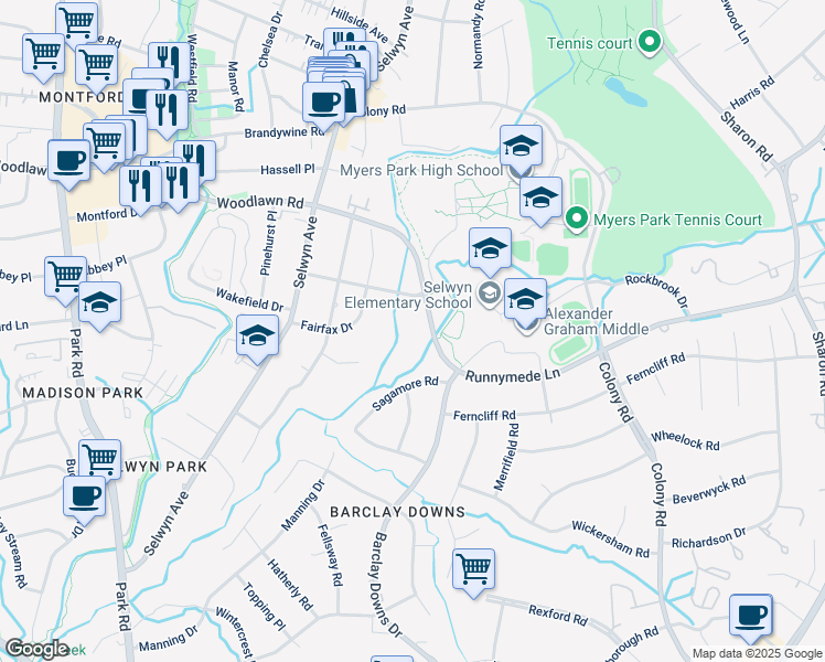 map of restaurants, bars, coffee shops, grocery stores, and more near 2101 Runnymede Lane in Charlotte