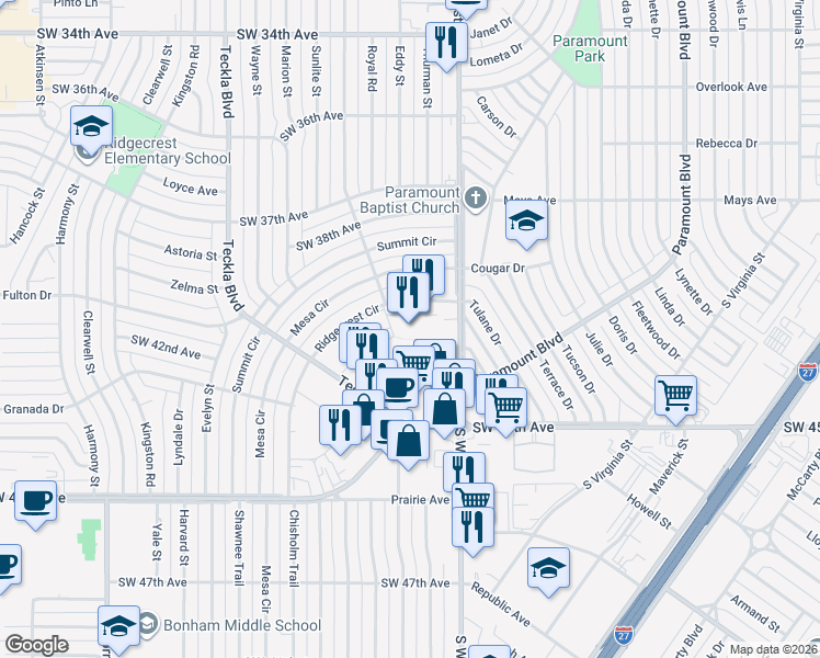 map of restaurants, bars, coffee shops, grocery stores, and more near 4310 South Western Street in Amarillo