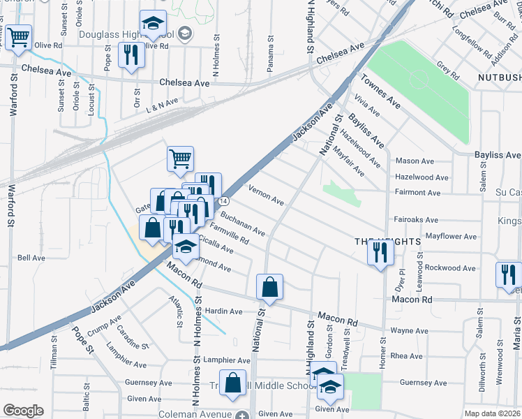 map of restaurants, bars, coffee shops, grocery stores, and more near 3393 Vernon Avenue in Memphis