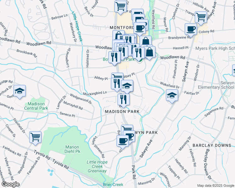 map of restaurants, bars, coffee shops, grocery stores, and more near 1401 Mockingbird Lane in Charlotte