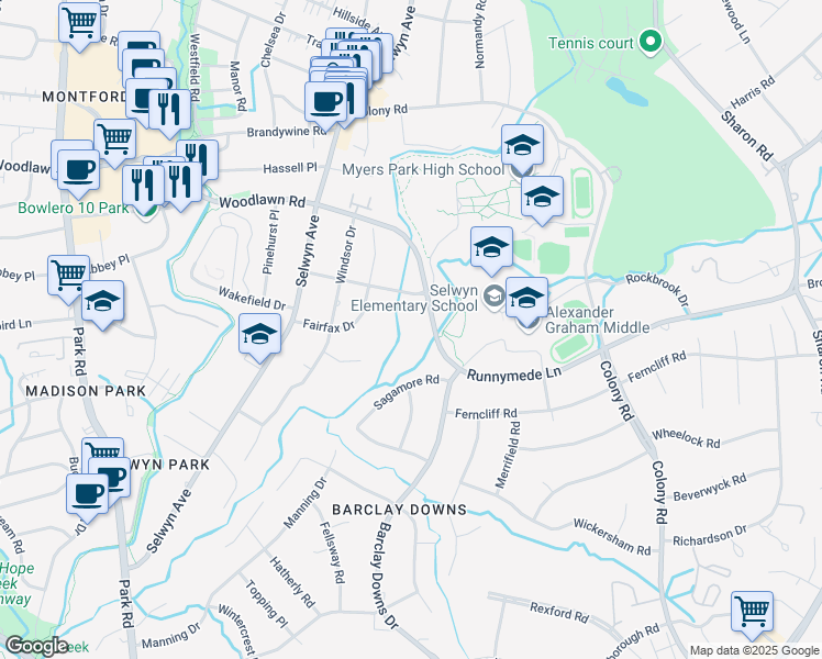 map of restaurants, bars, coffee shops, grocery stores, and more near 2101 Runnymede Lane in Charlotte