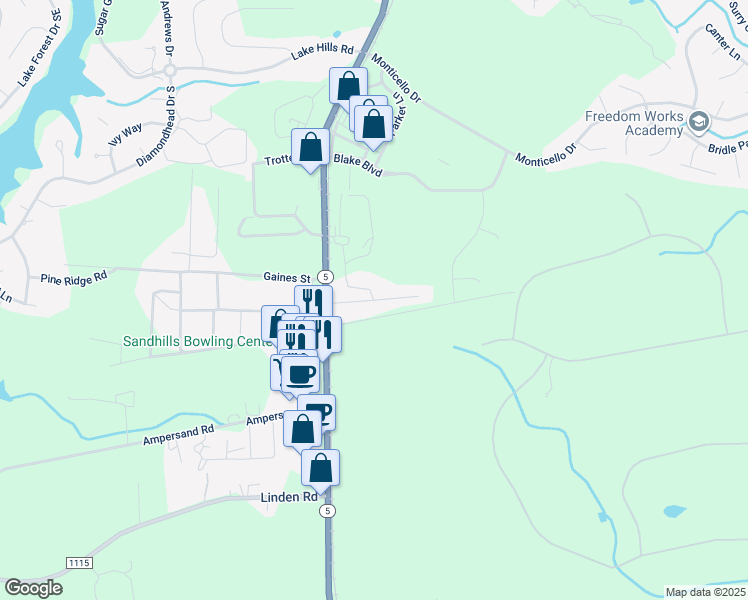 map of restaurants, bars, coffee shops, grocery stores, and more near Arnette Street in Moore County