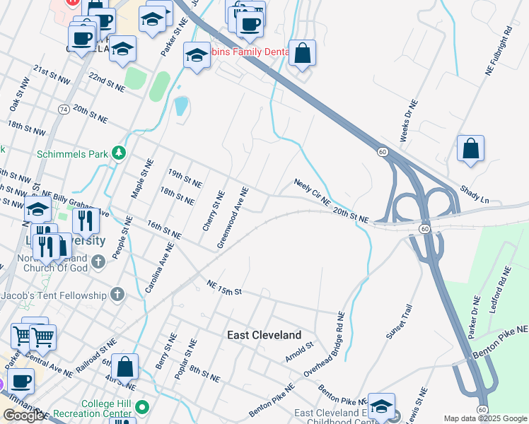 map of restaurants, bars, coffee shops, grocery stores, and more near 1905 Park Street Northeast in Cleveland