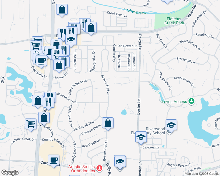 map of restaurants, bars, coffee shops, grocery stores, and more near 8363 Wind River Circle West in Memphis
