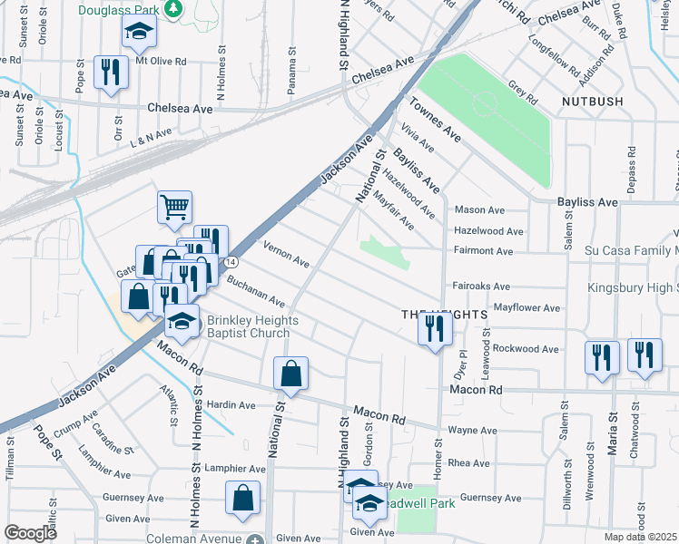 map of restaurants, bars, coffee shops, grocery stores, and more near 3481 Mayflower Avenue in Memphis