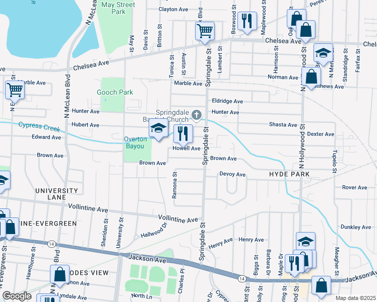 map of restaurants, bars, coffee shops, grocery stores, and more near 2172 Howell Avenue in Memphis