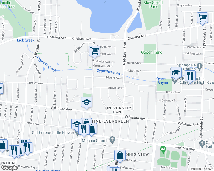 map of restaurants, bars, coffee shops, grocery stores, and more near 1763 Edward Avenue in Memphis