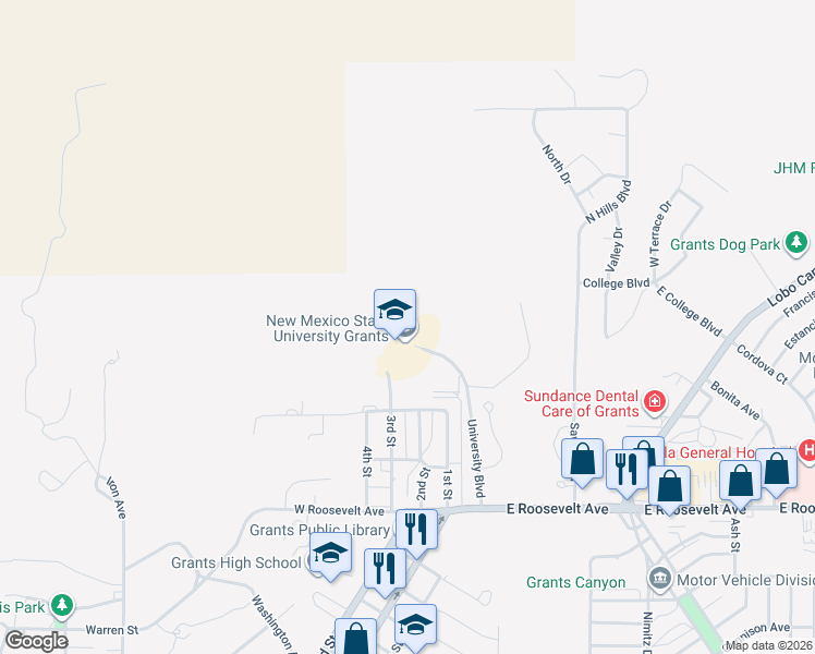 map of restaurants, bars, coffee shops, grocery stores, and more near 1500 3rd Street in Grants