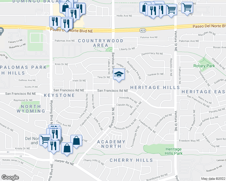 map of restaurants, bars, coffee shops, grocery stores, and more near San Francisco Road Northeast in Albuquerque