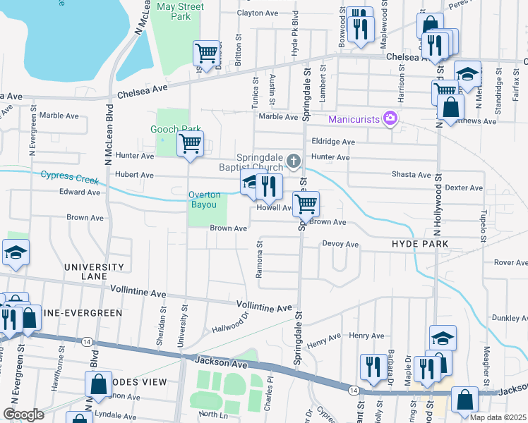 map of restaurants, bars, coffee shops, grocery stores, and more near 2126 Howell Avenue in Memphis