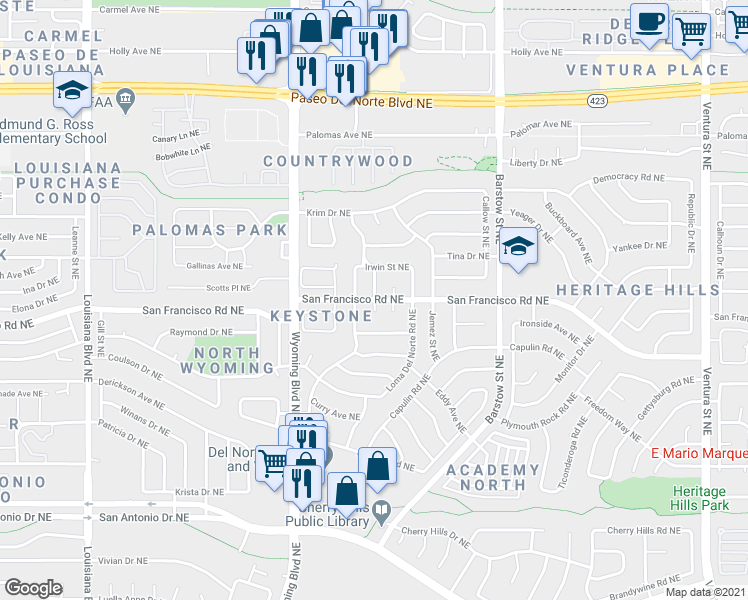 map of restaurants, bars, coffee shops, grocery stores, and more near San Francisco Road Northeast in Albuquerque