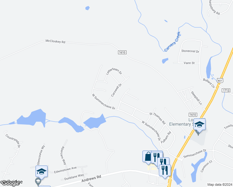 map of restaurants, bars, coffee shops, grocery stores, and more near 6524 Carswell Drive in Fayetteville