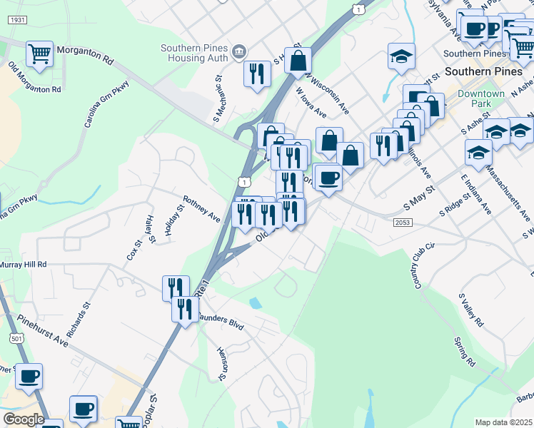 map of restaurants, bars, coffee shops, grocery stores, and more near 240 Bell Avenue in Southern Pines