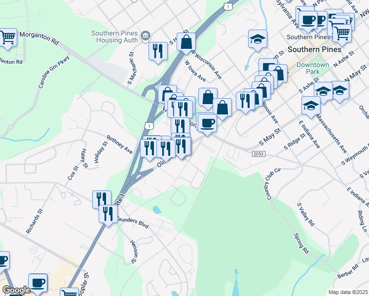 map of restaurants, bars, coffee shops, grocery stores, and more near Old US Highway 1 in Southern Pines