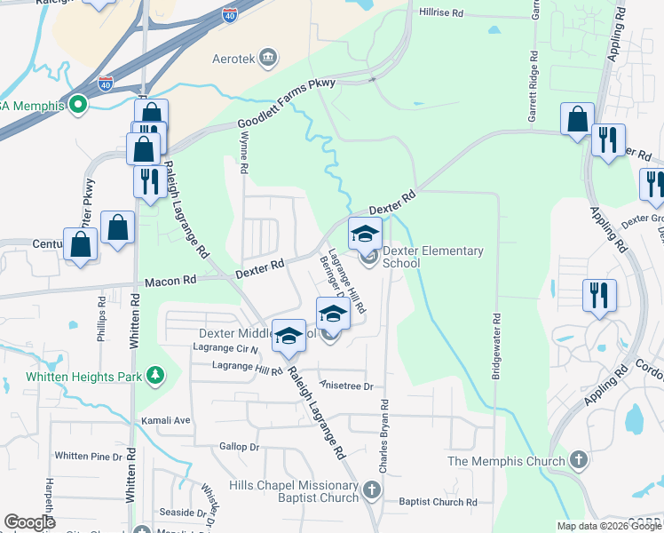 map of restaurants, bars, coffee shops, grocery stores, and more near 1530 Beringer Drive in Shelby County