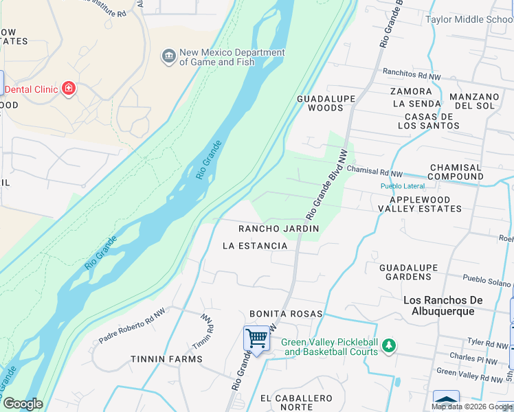 map of restaurants, bars, coffee shops, grocery stores, and more near 7205 Rio Grande Boulevard Northwest in Los Ranchos de Albuquerque