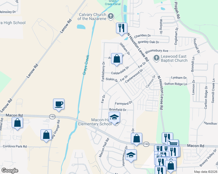 map of restaurants, bars, coffee shops, grocery stores, and more near 1523 Far Drive in Shelby County