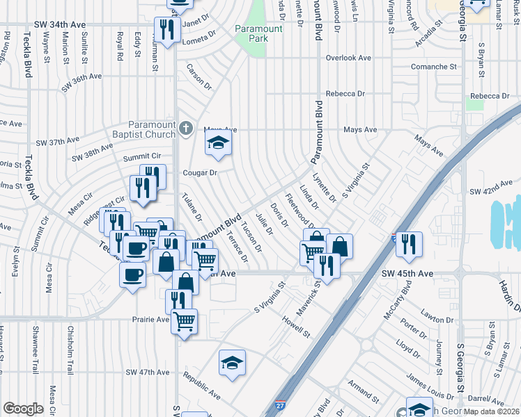 map of restaurants, bars, coffee shops, grocery stores, and more near 3900 Doris Drive in Amarillo