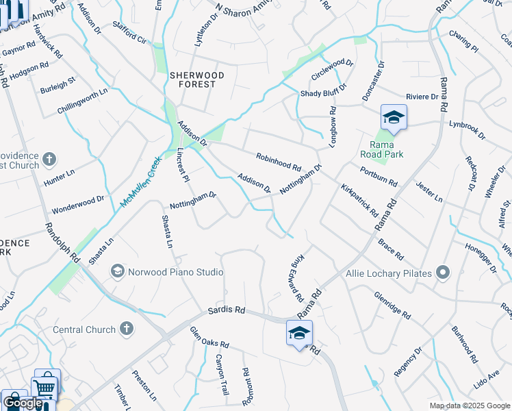 map of restaurants, bars, coffee shops, grocery stores, and more near 5336 Addison Drive in Charlotte