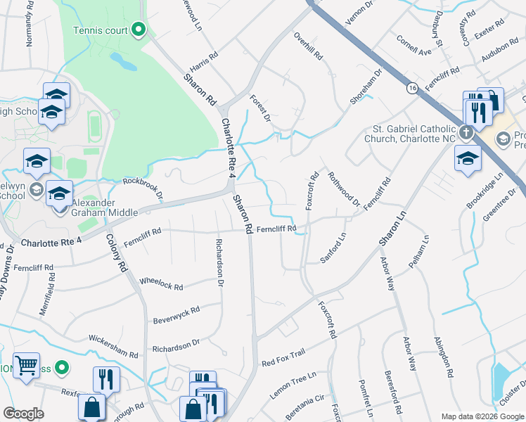 map of restaurants, bars, coffee shops, grocery stores, and more near 2126 Sharon Avenue in Charlotte