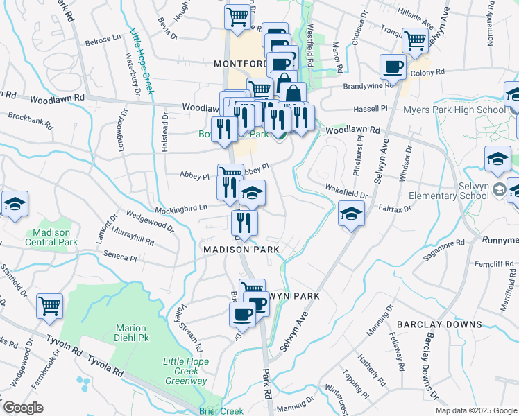 map of restaurants, bars, coffee shops, grocery stores, and more near 1515 Mockingbird Ln in Charlotte