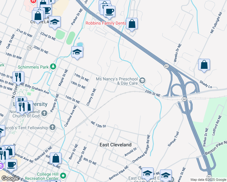 map of restaurants, bars, coffee shops, grocery stores, and more near 1905 Park Street Northeast in Cleveland