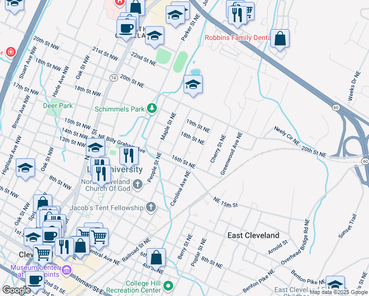 map of restaurants, bars, coffee shops, grocery stores, and more near 1730 Baugh Street Northeast in Cleveland