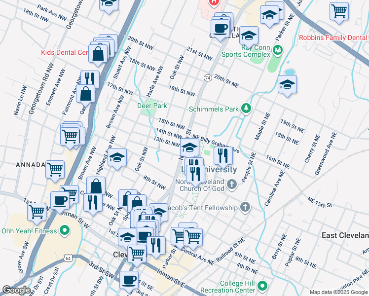 map of restaurants, bars, coffee shops, grocery stores, and more near 1200 North Ocoee Street in Cleveland