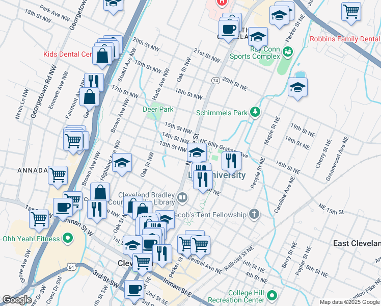 map of restaurants, bars, coffee shops, grocery stores, and more near 1200 North Ocoee Street in Cleveland