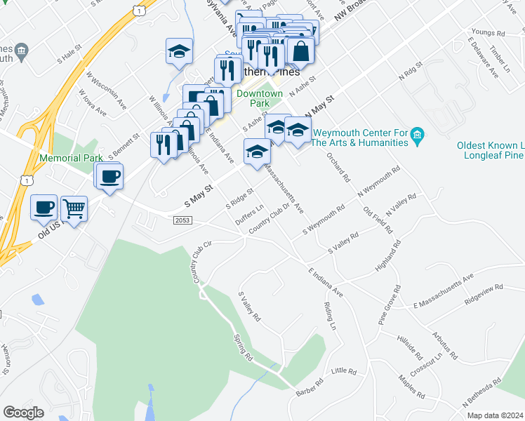 map of restaurants, bars, coffee shops, grocery stores, and more near 470 East Indiana Avenue in Southern Pines