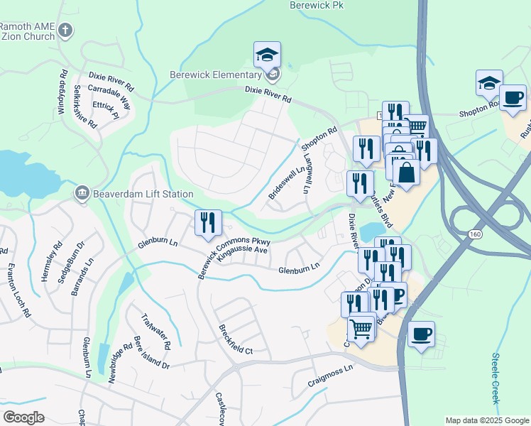map of restaurants, bars, coffee shops, grocery stores, and more near 8919 Brideswell Lane in Charlotte