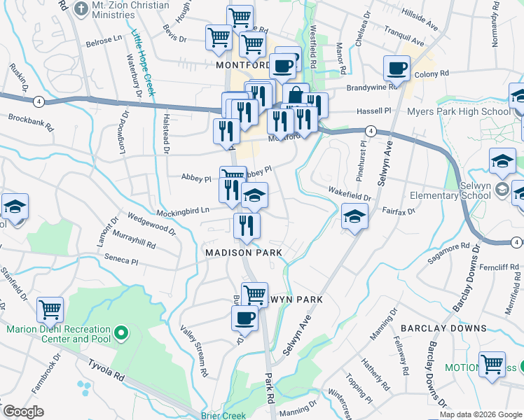map of restaurants, bars, coffee shops, grocery stores, and more near in Charlotte