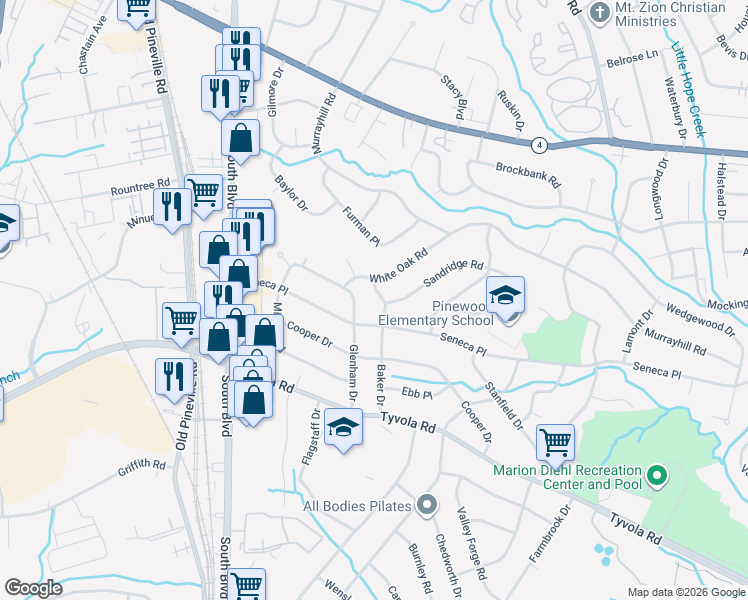 map of restaurants, bars, coffee shops, grocery stores, and more near 5111 Baker Drive in Charlotte