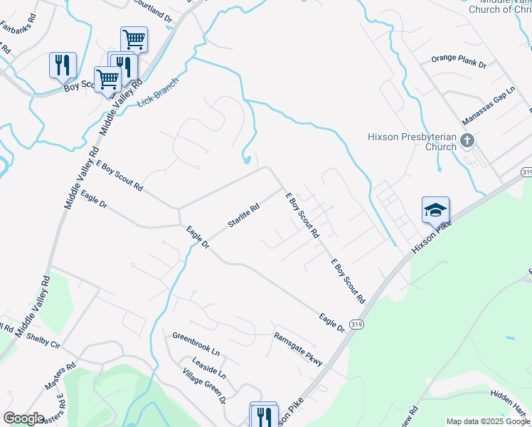 map of restaurants, bars, coffee shops, grocery stores, and more near 6926 Starlite Road in Middle Valley